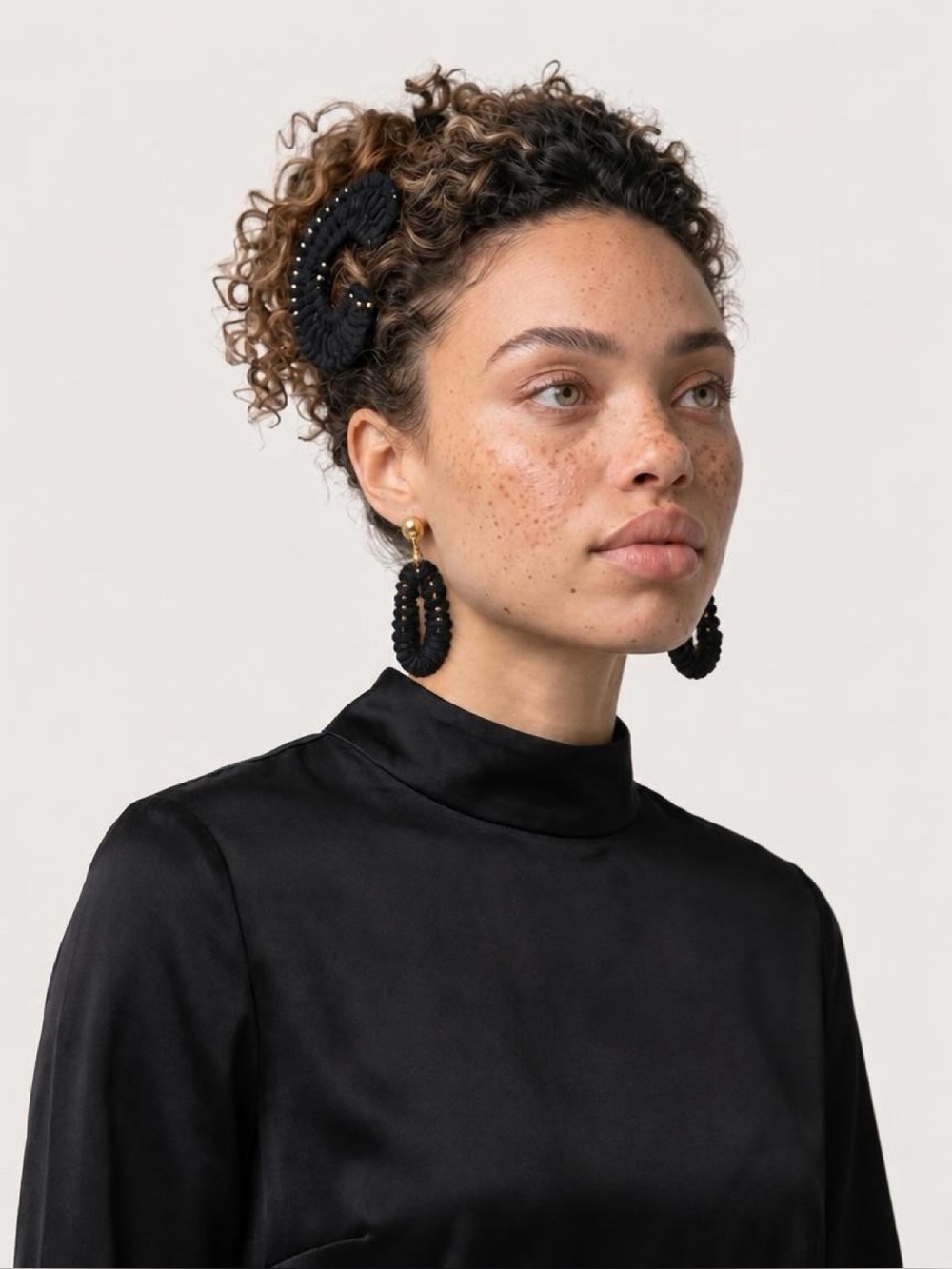 NWT Free People See If I Care Woven Black Cord Gold Hoop Earrings
